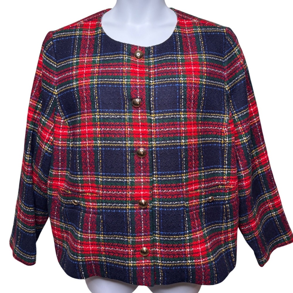 TALBOTS Womens Navy Red Plaid Tweed Button Front Jacket 18W Old Money Royalcore